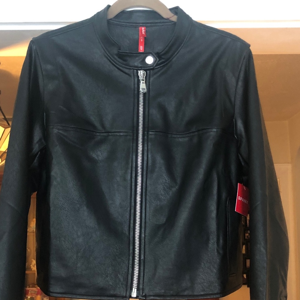 SPANX Black Faux Leather Moto Jacket with Silver Zipper